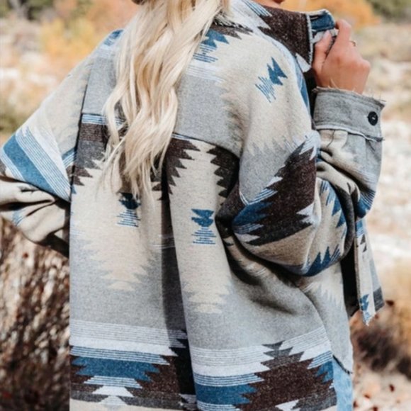 SANTA FE Teal Distressed Aztec Button Down Jacket - Picture 3 of 10
